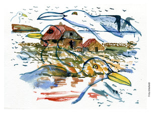 Original Ert118 Gulls and house Frederiksø watercolor A5