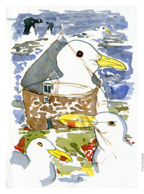 Original Ert132 Gulls Lille taarn watercolor A5