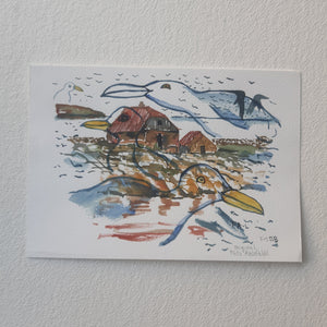 Original Ert118 Gulls and house Frederiksø watercolor A5