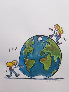 Original pushing globe woman illustration