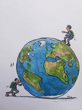 Load image into Gallery viewer, Original pushing globe man illustration