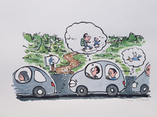 Load image into Gallery viewer, Di00035 Original Dad in a car daydreaming about hiking illustration