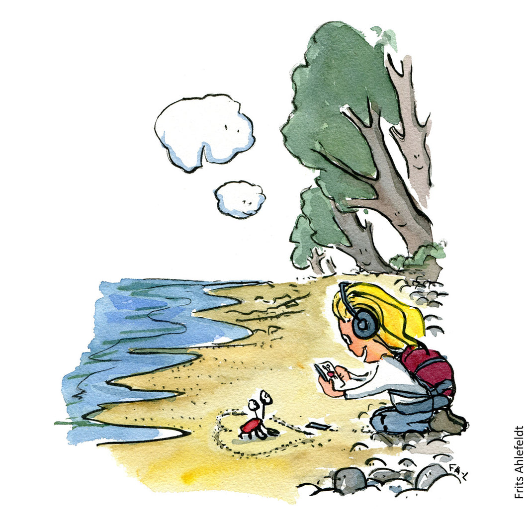 Di00082 download kid with phone on beach illustration