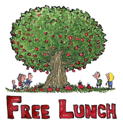 Free lunch tree with fruit and hikers around. illustration by Frits Ahlefeldt