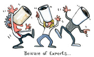Drawing of a group of experts wearing blinders and pointing in different directions. illustration by Frits Ahlefeldt