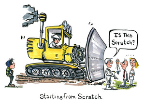 Starting from scratch in front of a yellow bulldozer. cartoon illustration by Frits Ahlefeldt