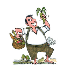 Load image into Gallery viewer, man with vegetables and bare feet in nature looking happy. illustration by Frits Ahlefeldt