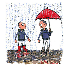 Load image into Gallery viewer, Two men in the rain, one with boots the other with a red umbrella. each looking at what the other got. Illustration by Frits Ahlefeldt