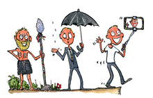 Load image into Gallery viewer, Evolution of modern man from caveman with spear, over businessman with umbrella, to selfieman with smartphone. illustration by Frits Ahlefeldt