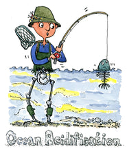 Load image into Gallery viewer, fisherman fishing in ocean where fish turns to skeletons, illustration by Frits Ahlefeldt