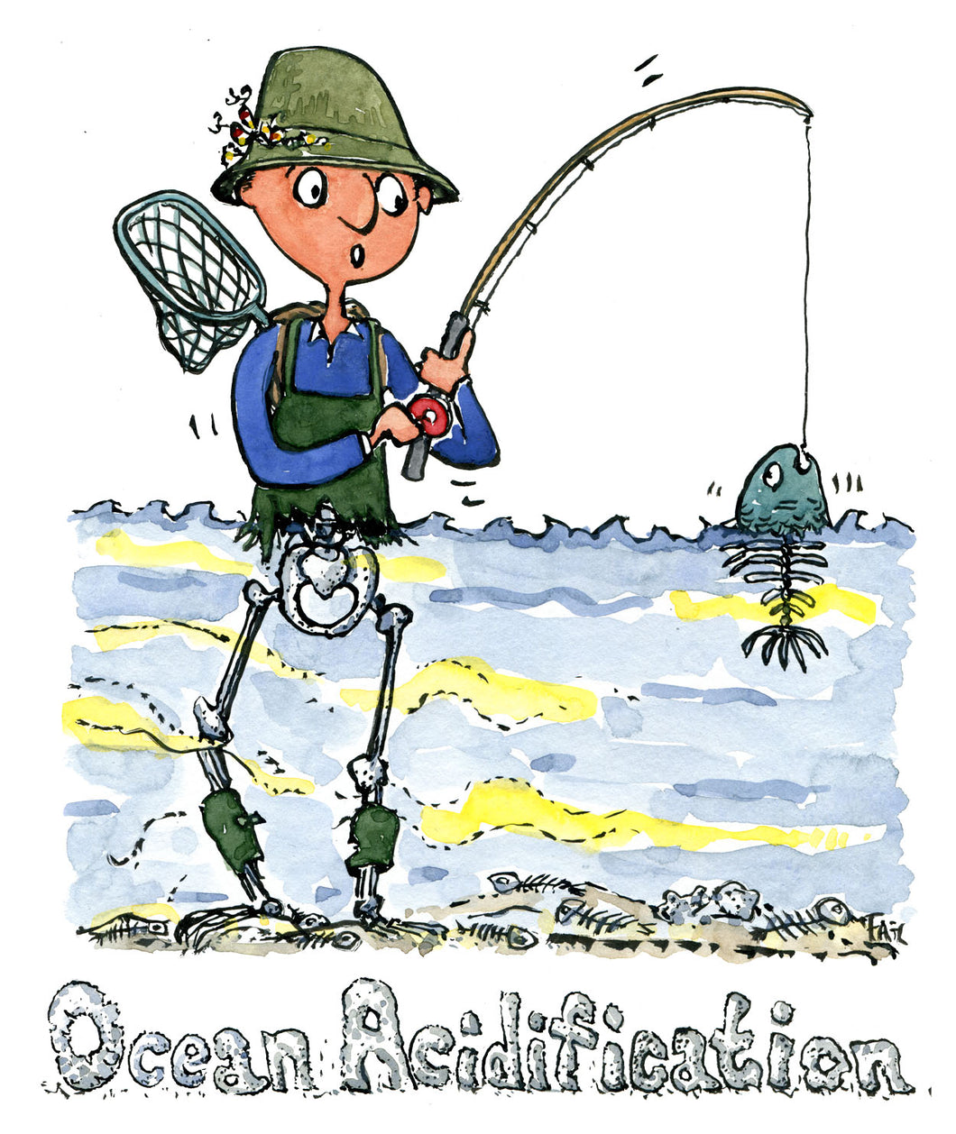 fisherman fishing in ocean where fish turns to skeletons, illustration by Frits Ahlefeldt
