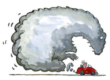 Load image into Gallery viewer, Scientist man in red sportscar with a climate monster coming from the exhaust pipe. Drawing by Frits Ahlefeldt