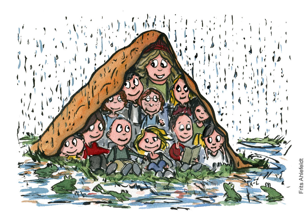 Di00737 download Teacher and children in cover from rain illustration