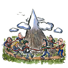 Load image into Gallery viewer, Group of hikers in a rope, walking around a mountain. Illustration by Frits Ahlefeldt