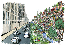 Load image into Gallery viewer, Car city vs green city design illustration by Frits Ahlefeldt
