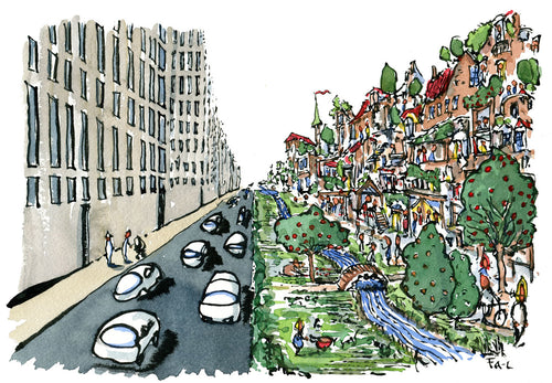 Car city vs green city design illustration by Frits Ahlefeldt