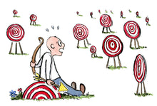 Load image into Gallery viewer, man sitting looking at targets illustration by Frits Ahlefeldt