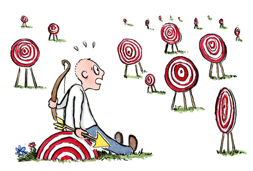 man sitting looking at targets illustration by Frits Ahlefeldt