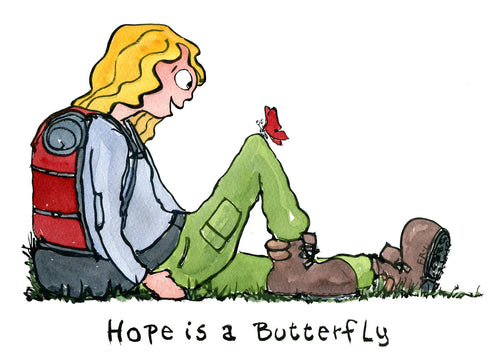 Illustration Hope is a butterfly drawing by Frits ahlefeldt of hiker sitting