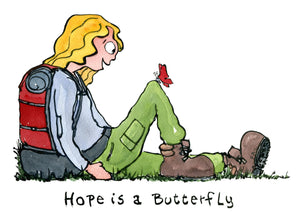 Illustration Hope is a butterfly drawing by Frits ahlefeldt of hiker sitting