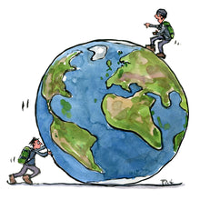 Load image into Gallery viewer, A man pushing planet earth another man on top of the planet. Illustration by frits Ahlefeldt