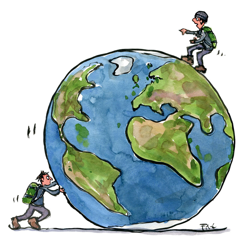 A man pushing planet earth another man on top of the planet. Illustration by frits Ahlefeldt