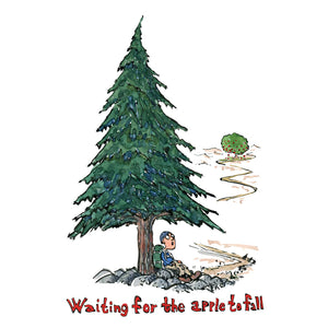 Waiting for the apple to fall under a pine tree illustration by Frits Ahlefeldt