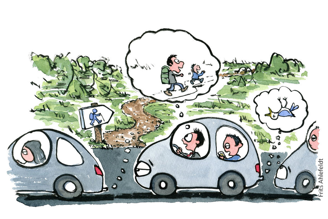 Man sitting in car daydreaming about going hiking with his kid. Illustration by Frits Ahlefeldt