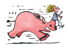 Load image into Gallery viewer, illustration of a woman caught on the horn of a  pink rhino. illustration by Frits Ahlefeldt