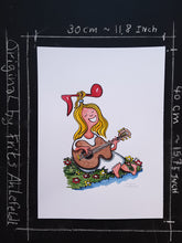 Load image into Gallery viewer, illustration of a girl with a guitar sitting by the side of a road. drawing by Frits Ahlefeldt - original