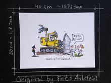 Load image into Gallery viewer, Big road machine and group in front. worker asking &quot;is this scratch&quot; - the original starting from scratch illustration by Frits Ahlefeldt