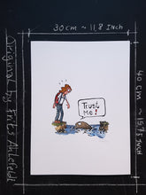 Load image into Gallery viewer, Drawing of a hiker ready to cross a stream with a stepping stone saying Trust me. Illustration by Frits Ahlefeldt