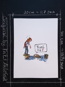 Drawing of a hiker ready to cross a stream with a stepping stone saying Trust me. Illustration by Frits Ahlefeldt