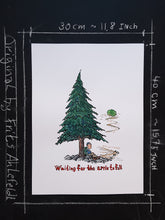 Load image into Gallery viewer, Drawing of a man sitting under a pine tree and the text &quot;waiting for the apple to fall&quot;. Original illustration by Frits Ahlefeldt